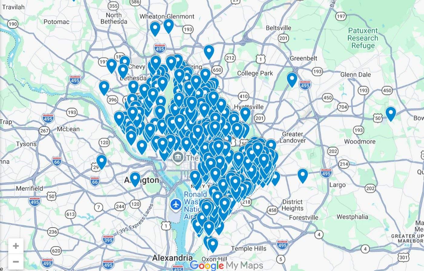 Map of Washington DC showing hundreds of completed rooftop solar installations concentrated across Northeast and Southeast DC